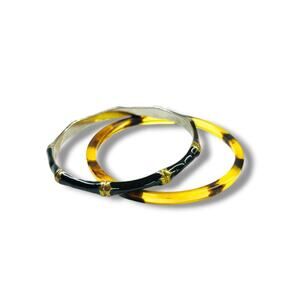 Lot of 2 Bangle Bracelets Black Goldtone Enameled Bamboo Acrylic Tortoise